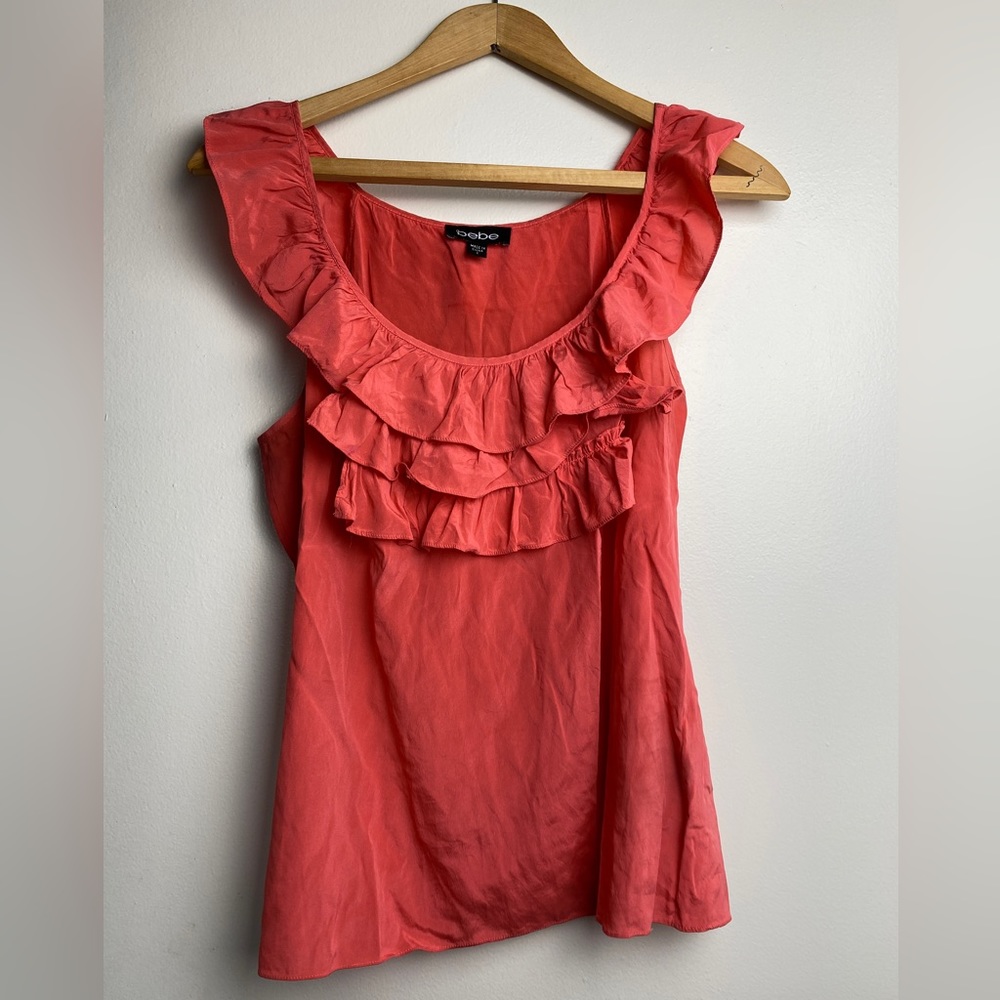 Bebe Ruffle Front Sleeveless Silk Top